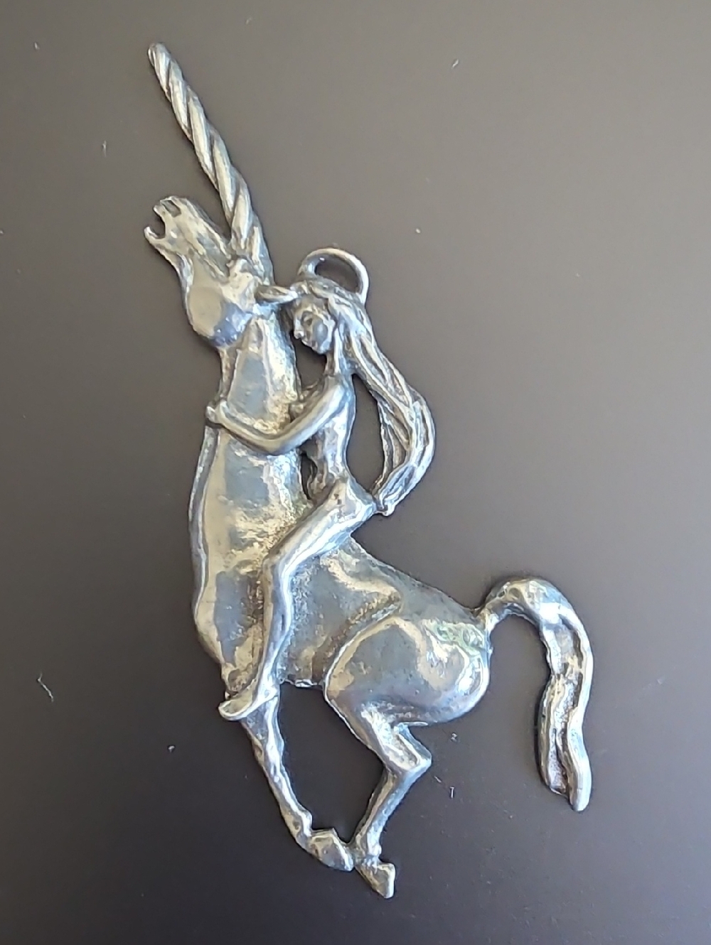 Vintage Pewter Charm Pendant Nude Lady on Unicorn 3.25" T x 1.5" W